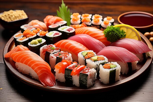 Un piatto di sushi con frutti di mare freschi e un'alimentazione sana