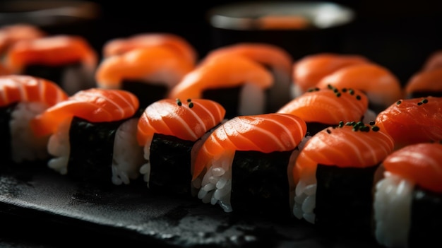 Un piatto di sushi con sopra del salmone