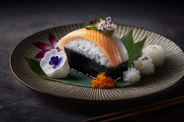 Un piatto di sushi con sopra un fiore