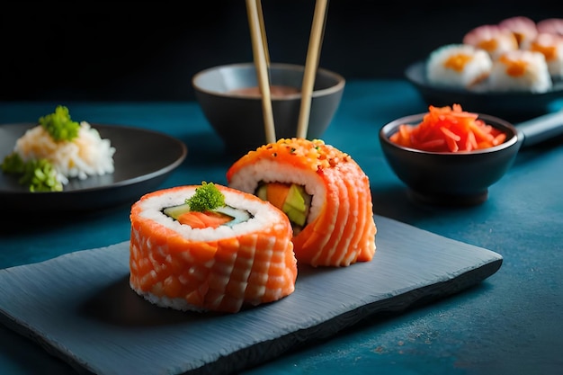 Un piatto di sushi con sopra un rotolo di salmone