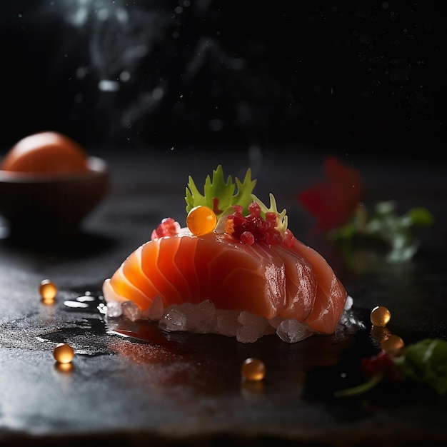 Un piatto di sushi con sopra un sashimi di salmone