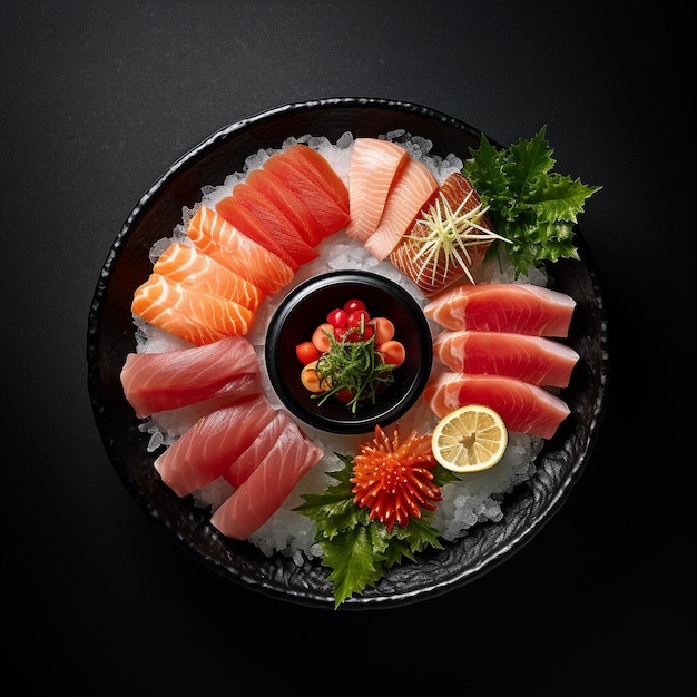 un piatto di sushi con sopra una ciotola nera di sushi.