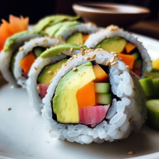 Un piatto di sushi con sopra una fetta di cetriolo verde.
