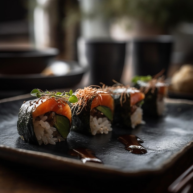 Un piatto di sushi con sopra una foglia verde