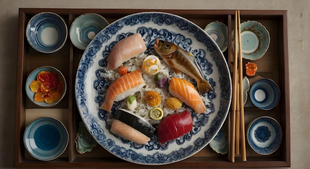 un piatto di sushi con un piatto blu e bianco con un bordo blu