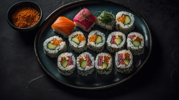 Un piatto di sushi con una ciotola di salsa e un piatto di sushi