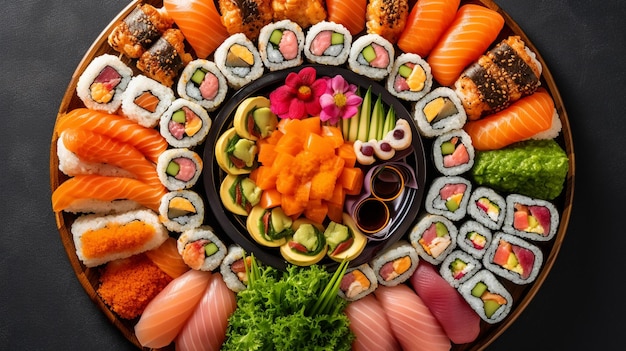 Un piatto di sushi con una varietà di condimenti
