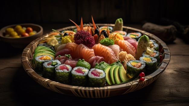 Un piatto di sushi con una varietà di diversi tipi di cibo.