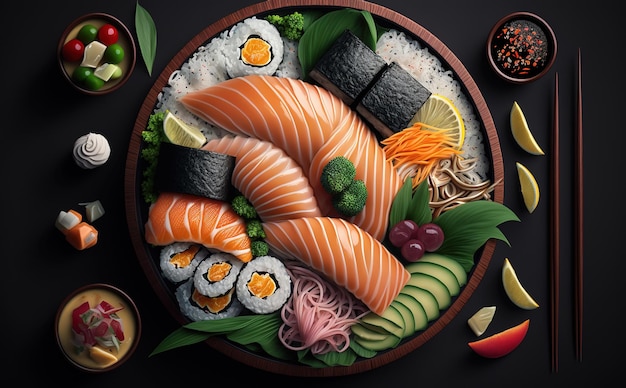 Un piatto di sushi con una varietà di ingredienti tra cui salmone, avocado e cetriolo.