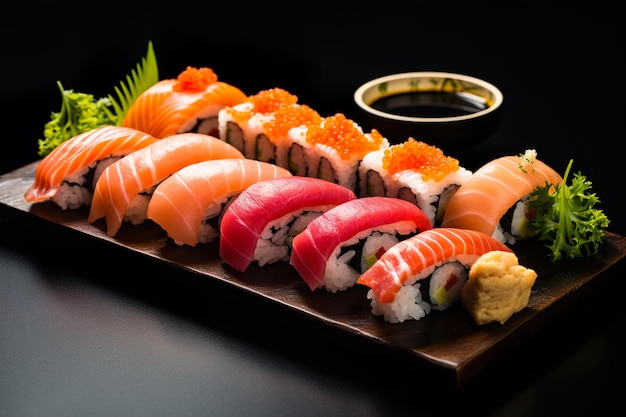 Un piatto di sushi con una varietà di nigiri sashimi e rotoli Generative Ai