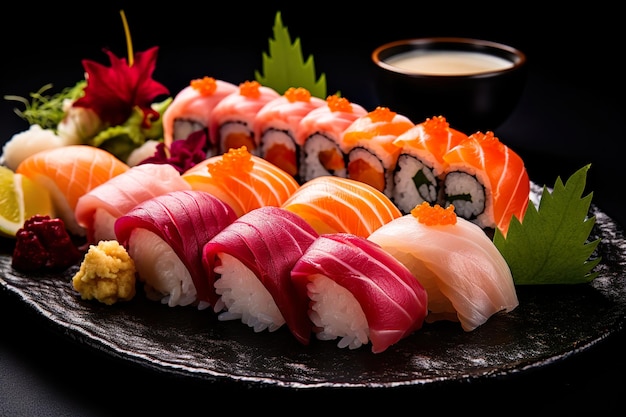 Un piatto di sushi con una varietà di nigiri sashimi e rotoli Generative Ai