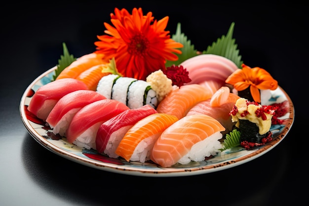 Un piatto di sushi con una varietà di nigiri sashimi e rotoli Generative Ai