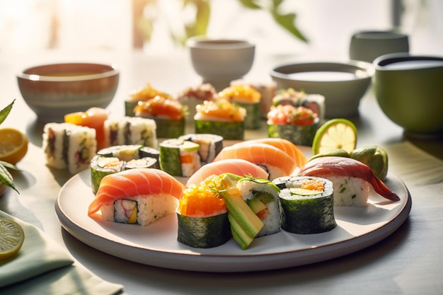 Un piatto di sushi con una varietà di sapori diversi