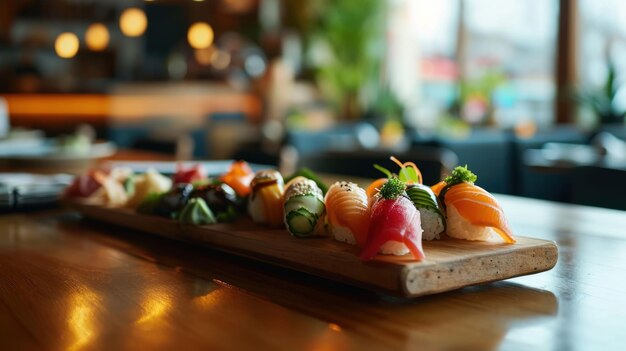 Un piatto di sushi contro un moderno bar di sushi