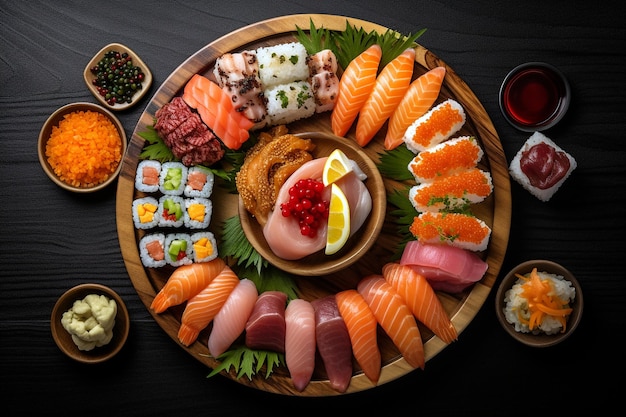 Un piatto di sushi e altri alimenti compreso il sushi