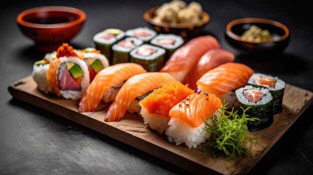 Un piatto di sushi e altri alimenti tra cui salmone e sushi