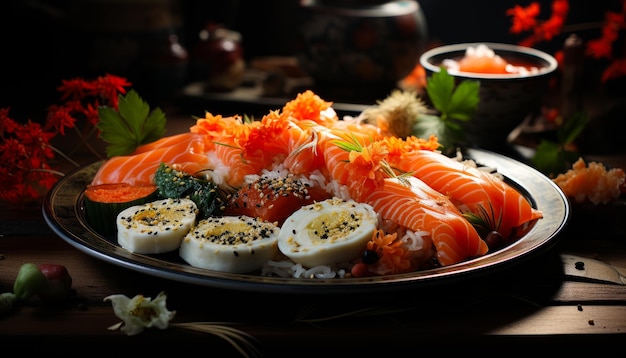 Un piatto di sushi e altro cibo su un tavolo