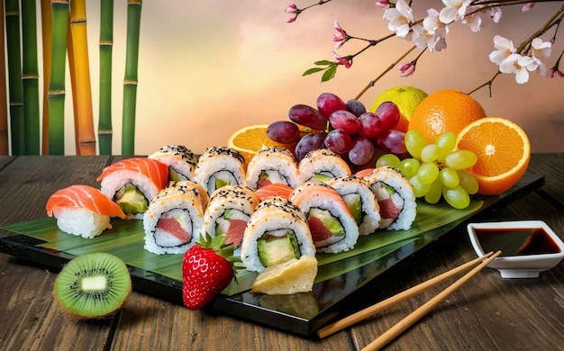 un piatto di sushi e frutta su un tavolo
