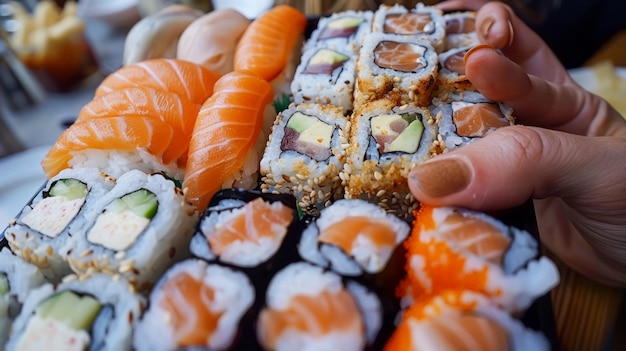 Un piatto di sushi fresco a mano con salmone, tonno e California Rolls in un ristorante giapponese