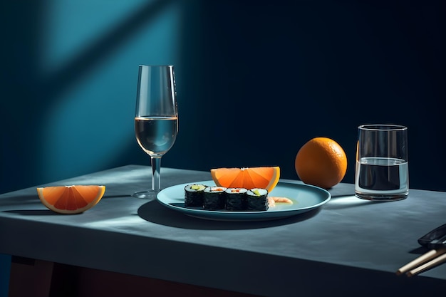 un piatto di sushi su un tavolo con un bicchiere di bevanda e arancia