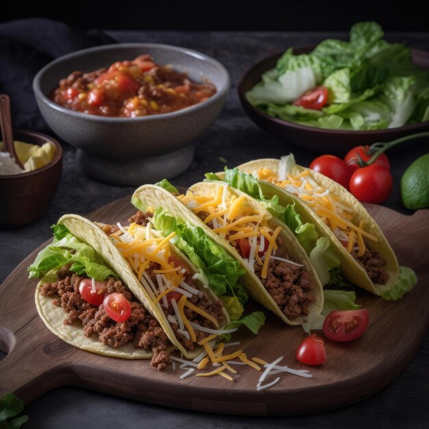 Un piatto di tacos con sopra insalata e formaggio