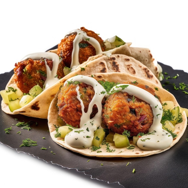 Un piatto di tacos con sopra polpette e verdure