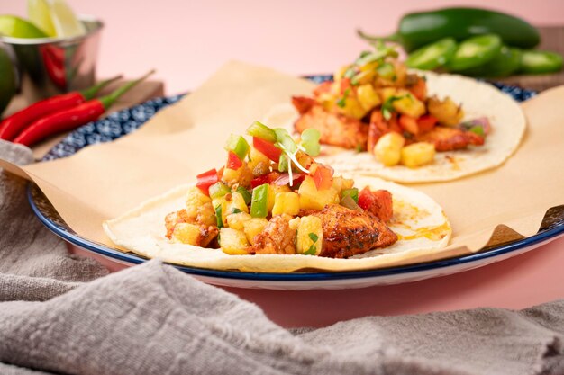 Un piatto di tacos con un tovagliolo blu e una ciotola di verdure fresche sul tavolo.