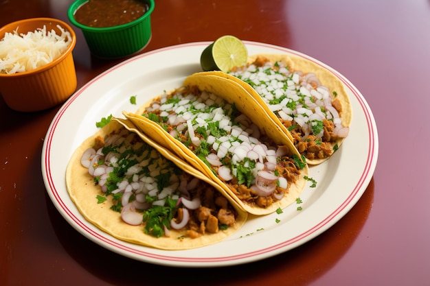 Un piatto di tacos di strada messicani con coriandolo e cipolla