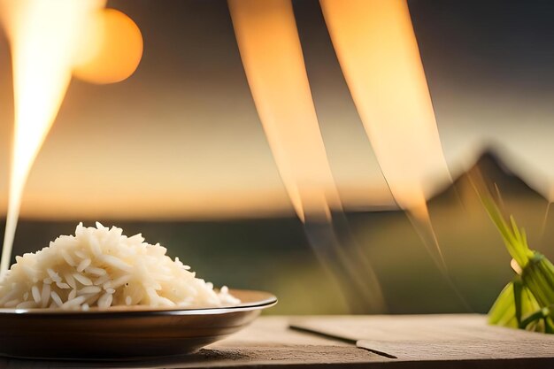 Un piatto di tagliatelle con un tramonto sullo sfondo