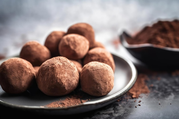 Un piatto di tartufi di cioccolato con accanto un cucchiaio.