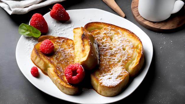 Un piatto di toast alla francese con sopra lamponi freschi