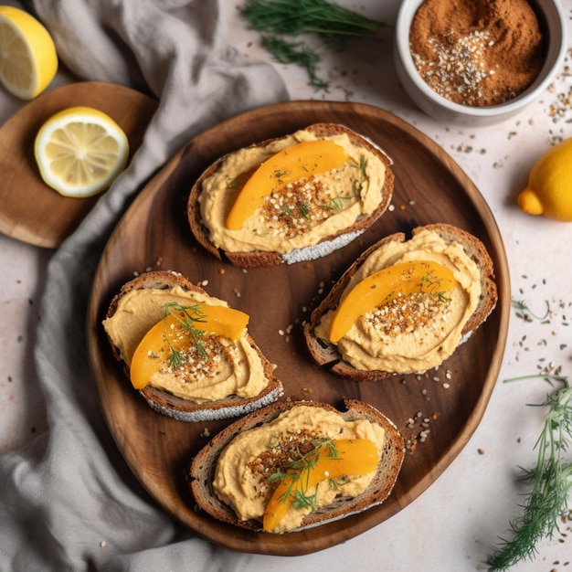 Un piatto di toast con hummus sopra e una ciotola di spezie a parte.