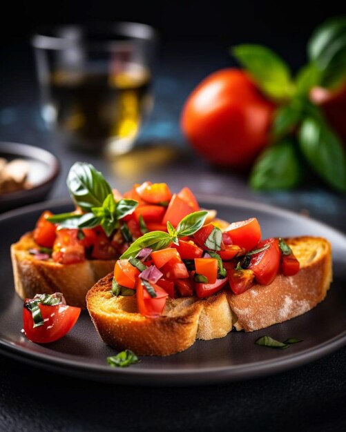 Un piatto di toast con pomodori e basilico