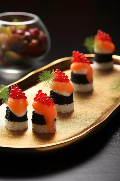 Un piatto di tobiko nigiri con uova di pesce volante che aggiunge un delizioso tocco di colore