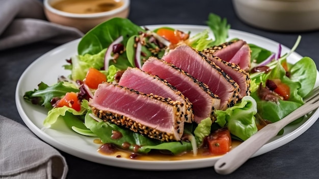 Un piatto di tonno su un'insalata con un'insalata sul lato.