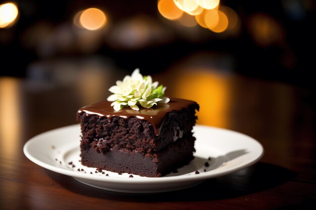 Un piatto di torta al cioccolato con sopra un fiore