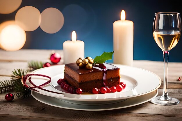 Un piatto di torta al cioccolato con sopra una decorazione natalizia