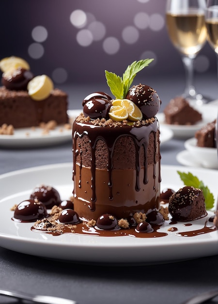 un piatto di torta al cioccolato con un bicchiere di vino e un bicchière di vino