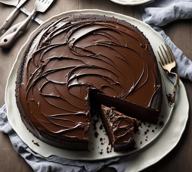 Un piatto di torta al cioccolato con una fetta mancante.