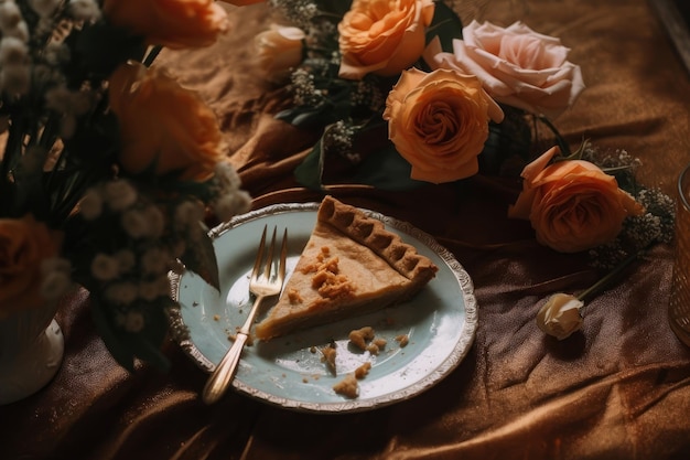Un piatto di torta con una forchetta accanto a un mazzo di rose.