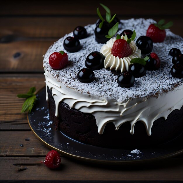 Un piatto di torta della Foresta Nera perfettamente decorata su un tavolo di legno