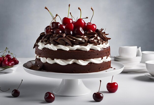 Un piatto di torta della Foresta Nera su un tavolo bianco una fetta di torta di Foresta Nere