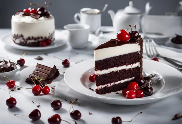 Un piatto di torta della Foresta Nera su un tavolo bianco una fetta di torta di Foresta Nere