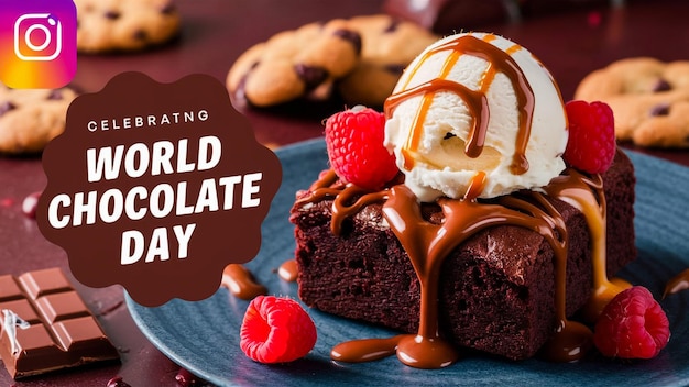 un piatto di torta di cioccolato con un'immagine di un cupcake con un cono di crema di cioccolate su di esso