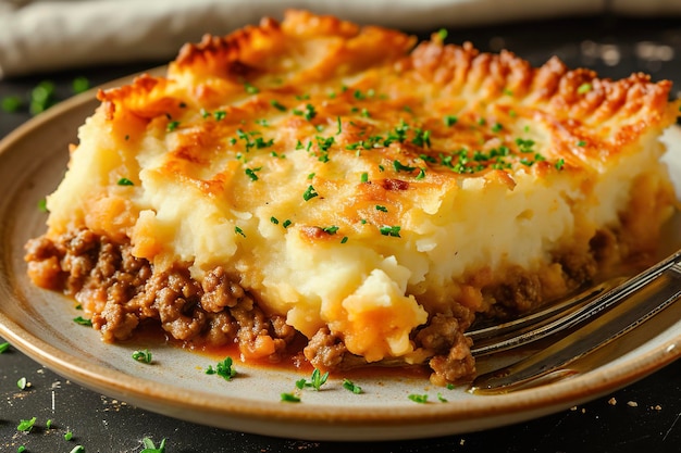 Un piatto di torta una torta di carne con una crosta di purè di patate