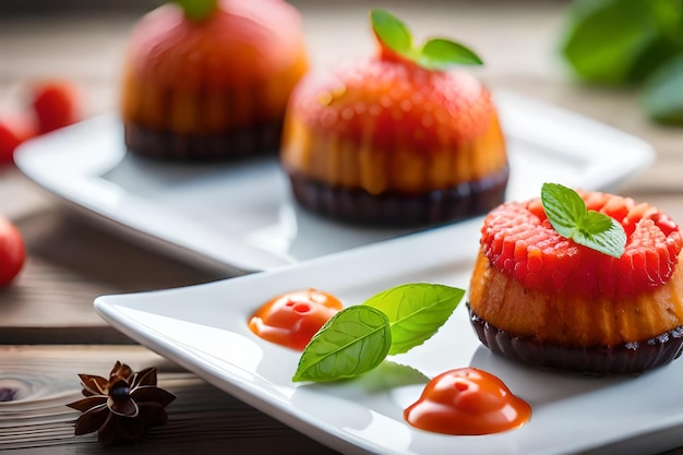 un piatto di torte alla fragola con gocce di cioccolato sul tavolo.