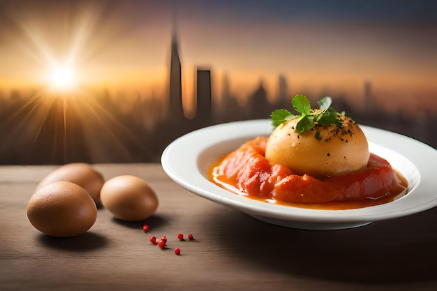 Un piatto di uova con sopra un piatto di cibo con uno sfondo luminoso con una città sullo sfondo.