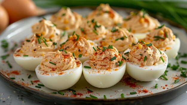 Un piatto di uova di diavolo con paprika e cipolla