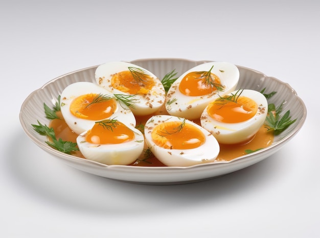 Un piatto di uova sode su uno sfondo bianco