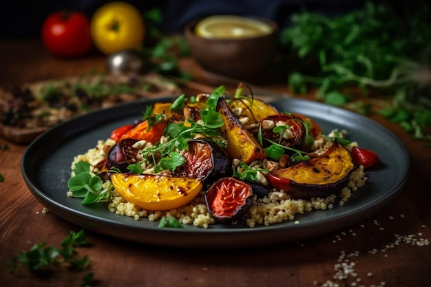 Un piatto di verdure arrostite con contorno di cuscus.